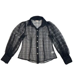 Black Plaid Sheer Sparkle Button Up Blouse Top Medium Whimsigoth Edgy Fairy
